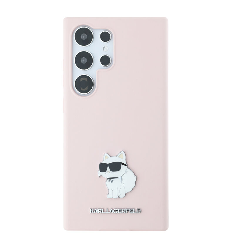 Husa Karl Lagerfeld Samsung Galaxy S24 Ultra Silicone, Choupette Metal Pin, roz, KLHCS24LSMHCNPP