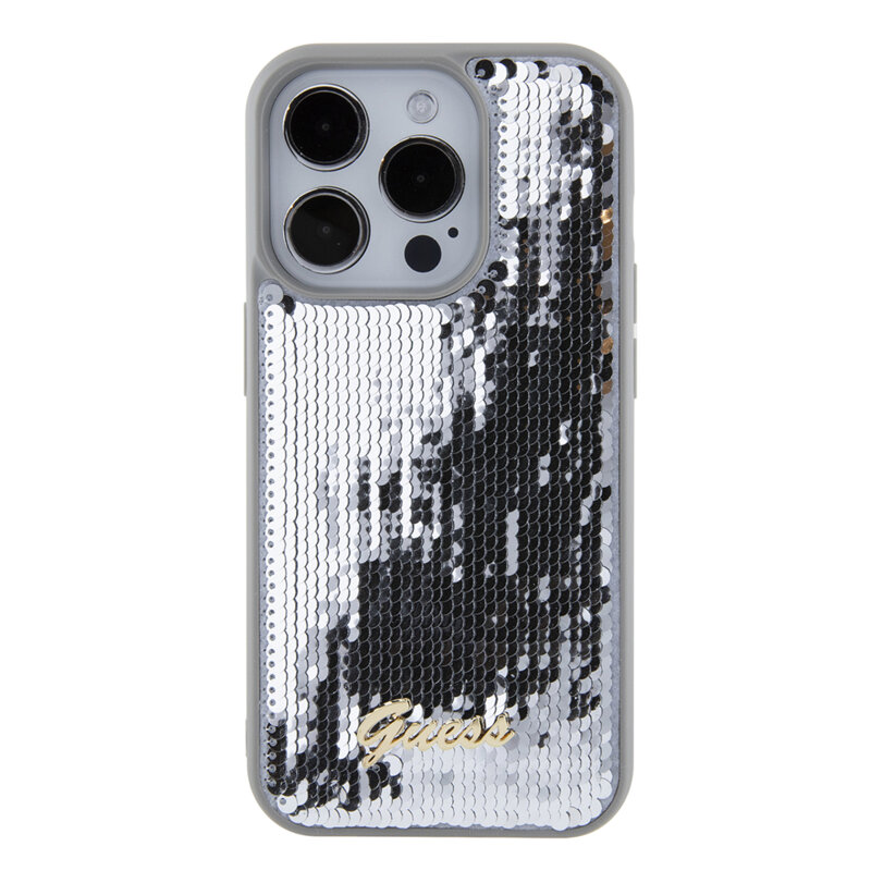 Husa originala Guess iPhone 15 Pro Max Sequin Script Metal, argintiu, GUHCP15XPSFDGSS