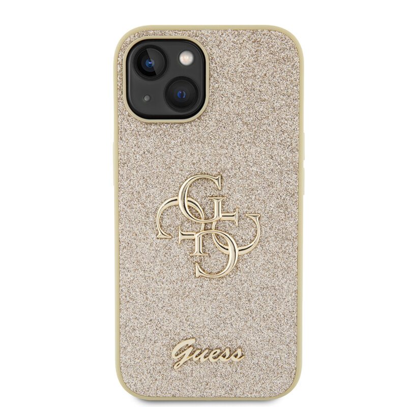 Husa Guess Glitter Script Big 4G iPhone 15 Plus cu sclipici, auriu, GUHCP15MHG4SGD