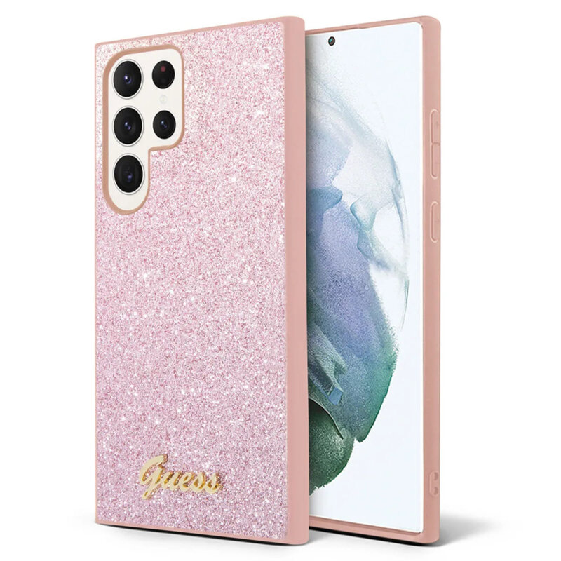 Husa Guess Glitter Script Samsung Galaxy S24 Ultra cu sclipici, roz, GUHCS24LHGGSHP