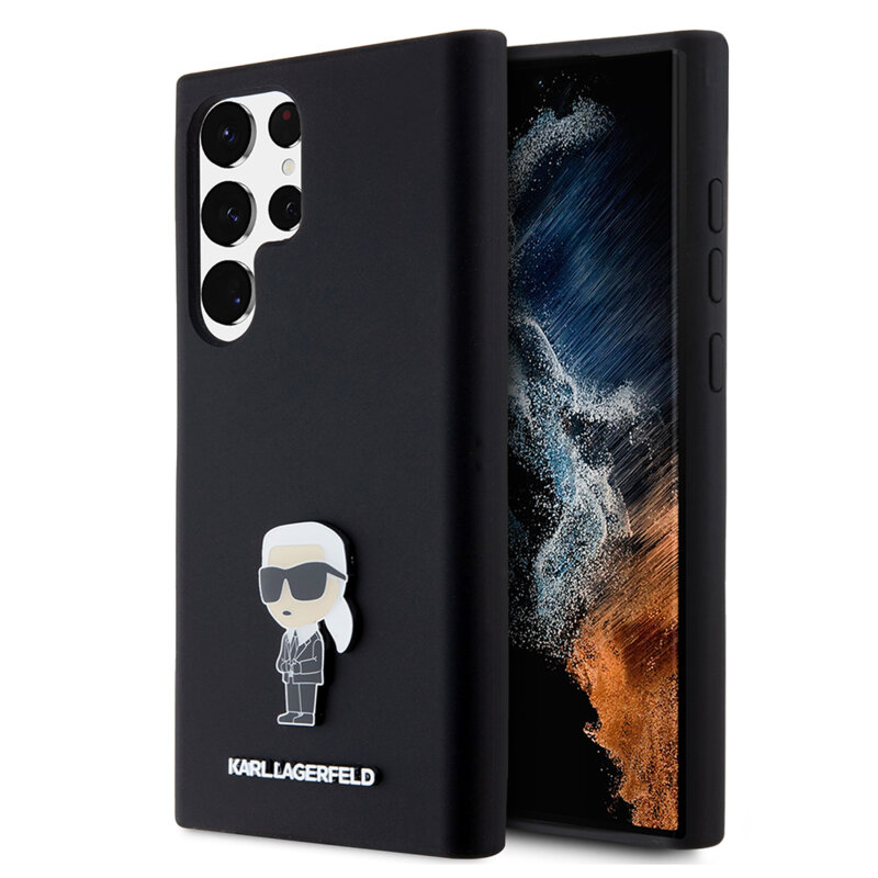 Husa Karl Lagerfeld Samsung Galaxy S23 Ultra Silicone, Ikonik Metal Pin, negru, KLHCS23LSMHKNPK