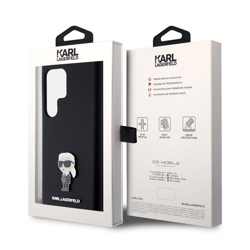 Husa Karl Lagerfeld Samsung Galaxy S23 Ultra Silicone, Ikonik Metal Pin, negru, KLHCS23LSMHKNPK