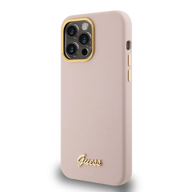 Husa Guess iPhone 15 Pro Silicone Script Metal Logo & Frame, roz deschis, GUHCP15LSMBSLP