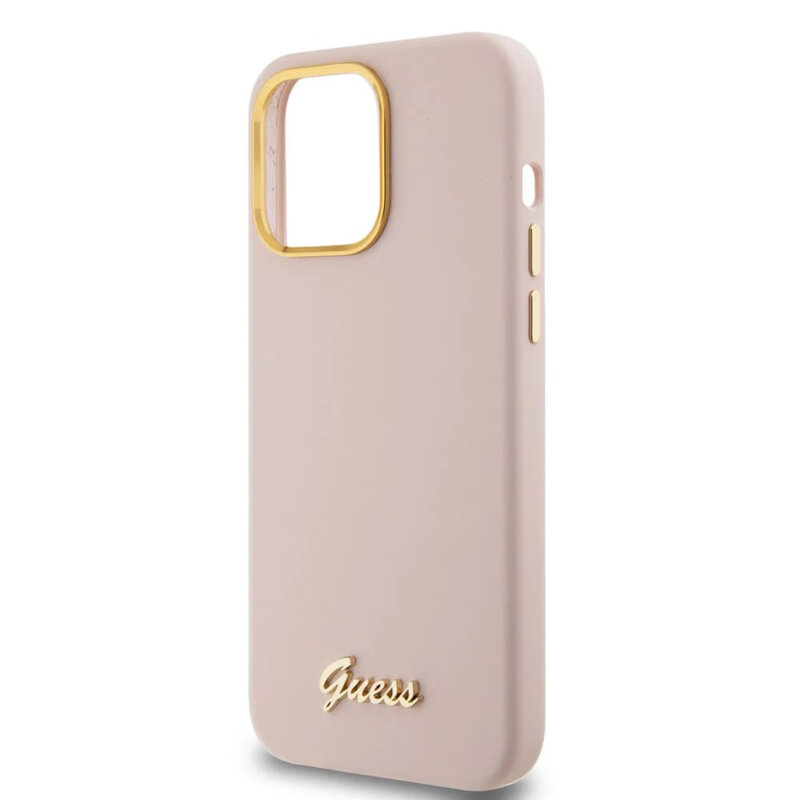 Husa Guess iPhone 15 Pro Silicone Script Metal Logo & Frame, roz deschis, GUHCP15LSMBSLP