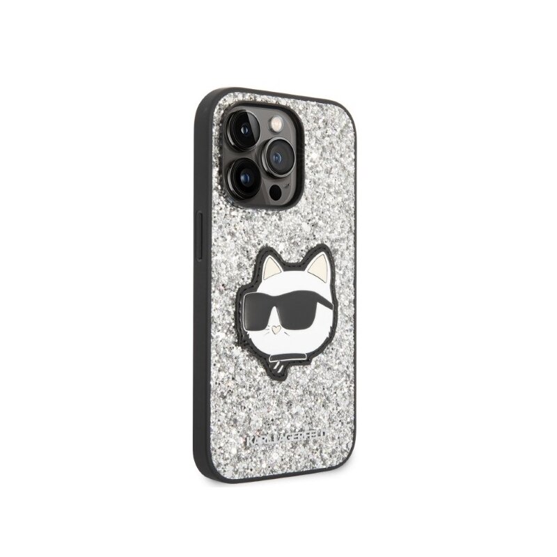 Husa Karl Lagerfeld iPhone 14 Pro Hardcase Glitter, Choupette Patch, argintiu, KLHCP14LG2CPS