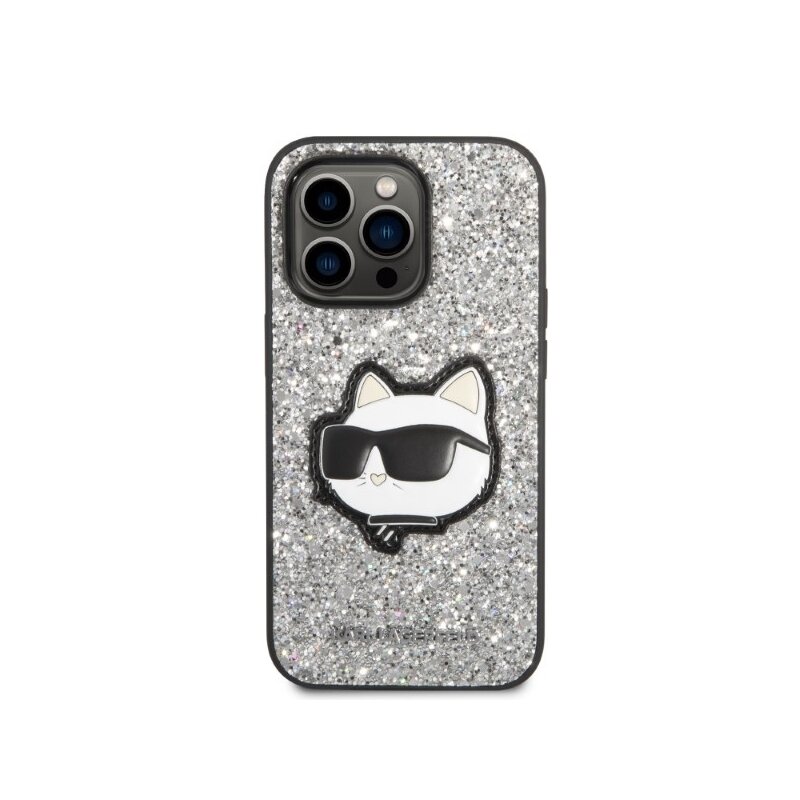 Husa Karl Lagerfeld iPhone 14 Pro Hardcase Glitter, Choupette Patch, argintiu, KLHCP14LG2CPS