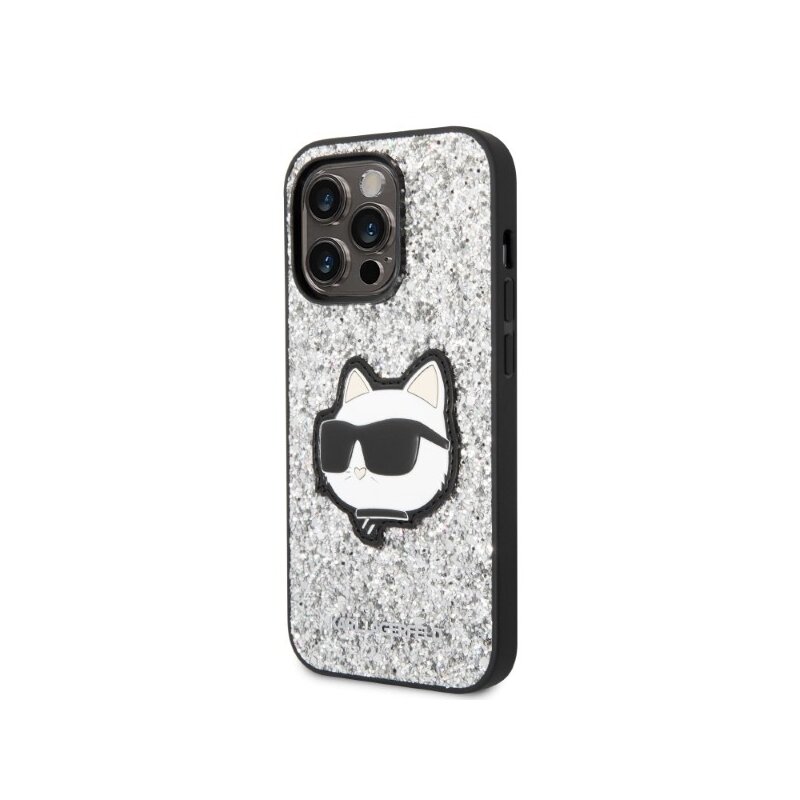 Husa Karl Lagerfeld iPhone 14 Pro Hardcase Glitter, Choupette Patch, argintiu, KLHCP14LG2CPS