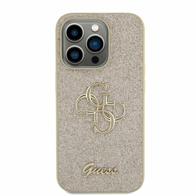 Husa Guess Glitter Script Big 4G iPhone 15 Pro cu sclipici, auriu, GUHCP15LHG4SGD