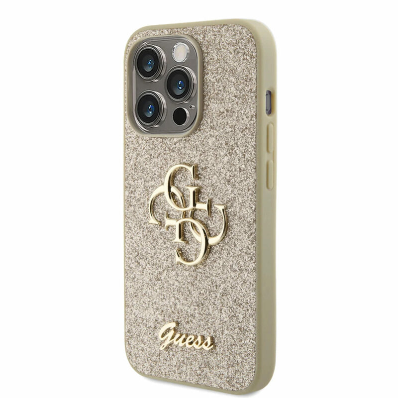 Husa Guess Glitter Script Big 4G iPhone 15 Pro cu sclipici, auriu, GUHCP15LHG4SGD