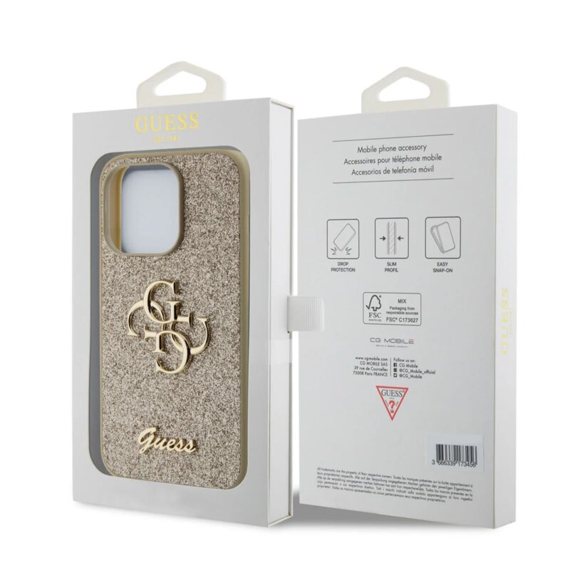 Husa Guess Glitter Script Big 4G iPhone 15 Pro cu sclipici, auriu, GUHCP15LHG4SGD
