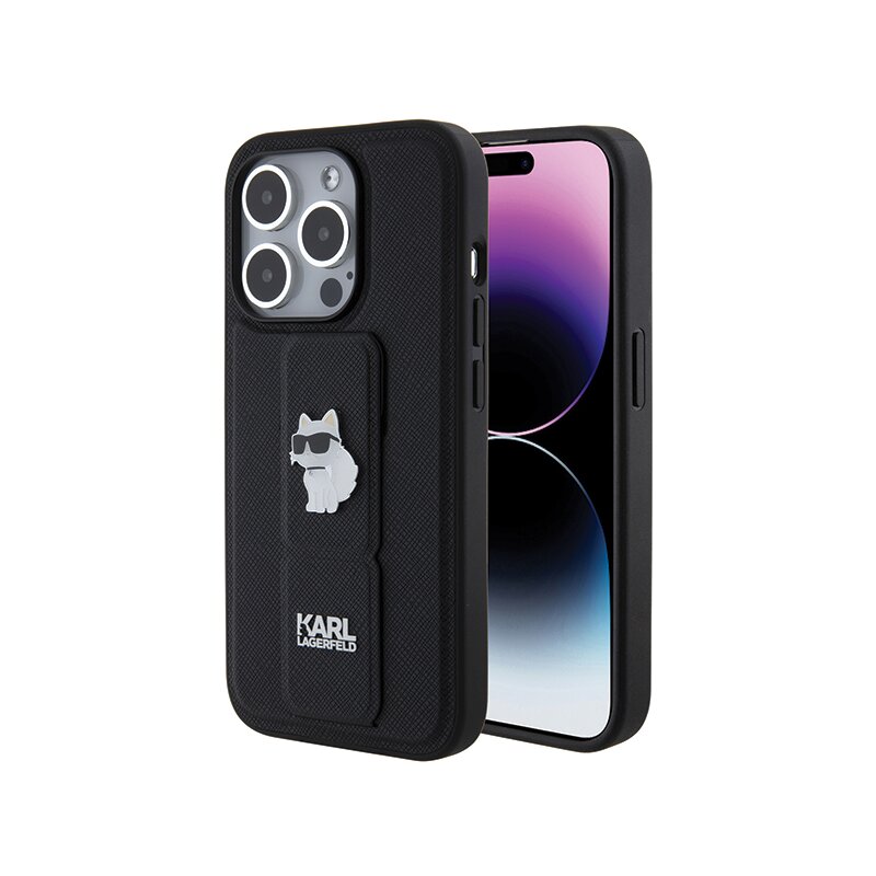 Husa originala iPhone 14 Pro Karl Lagerfeld Saffiano Gripstand, Choupette, negru, KLHCP14LGSACHPK
