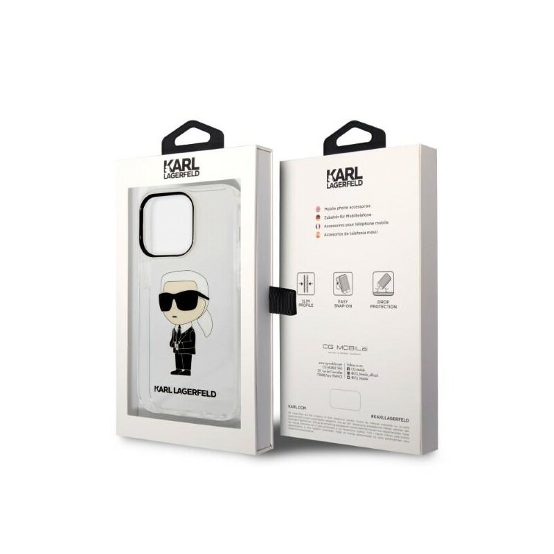 Husa iPhone 14 Pro Karl Lagerfeld Hardcase Transparent, Ikonik Karl Lagerfeld, KLHCP14LHNIKTCT