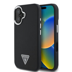 Husa iPhone 16 originala Guess Grained Triangle MagSafe, negru, GUHMP16SPGTSPSK