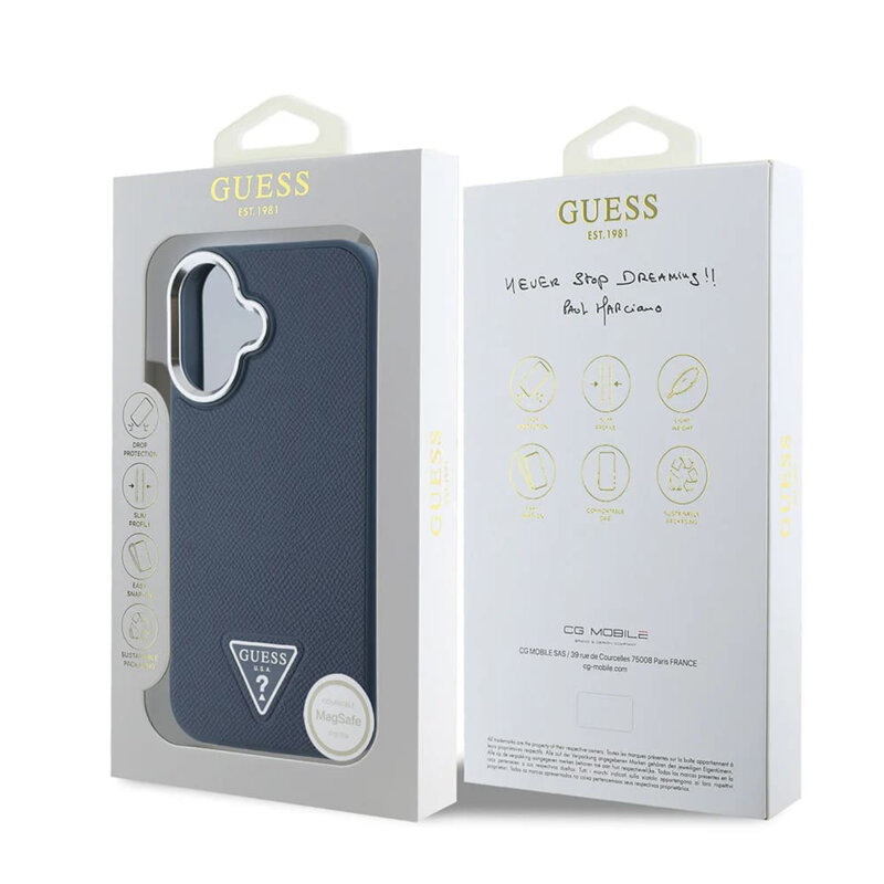 Husa iPhone 16 originala Guess Grained Triangle MagSafe, negru, GUHMP16SPGTSPSK