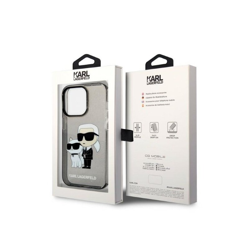 Husa Karl Lagerfeld iPhone 14 Pro Hardcase Glitter, Karl&Choupette, negru, KLHCP14LHNKCTGK