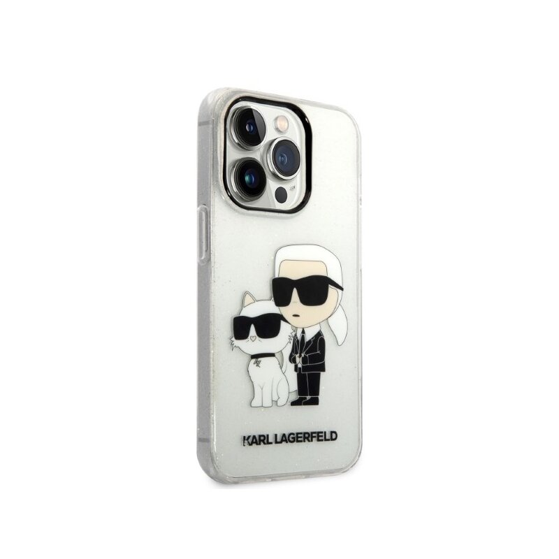 Husa Karl Lagerfeld iPhone 14 Pro Hardcase Glitter, Karl&Choupette, transparenta, KLHCP14LHNKCTGT