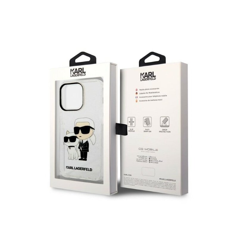 Husa Karl Lagerfeld iPhone 14 Pro Hardcase Glitter, Karl&Choupette, transparenta, KLHCP14LHNKCTGT