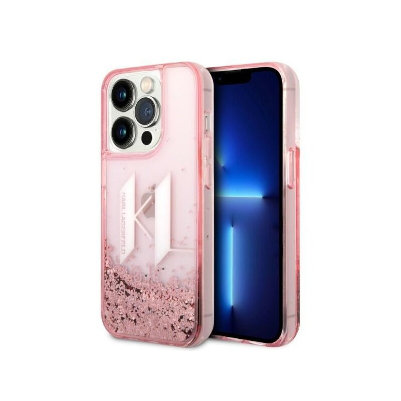 Husa Karl Lagerfeld iPhone 14 Pro Hardcase Glitter, Liquid Big KL, roz, KLHCP14LLBKLCP