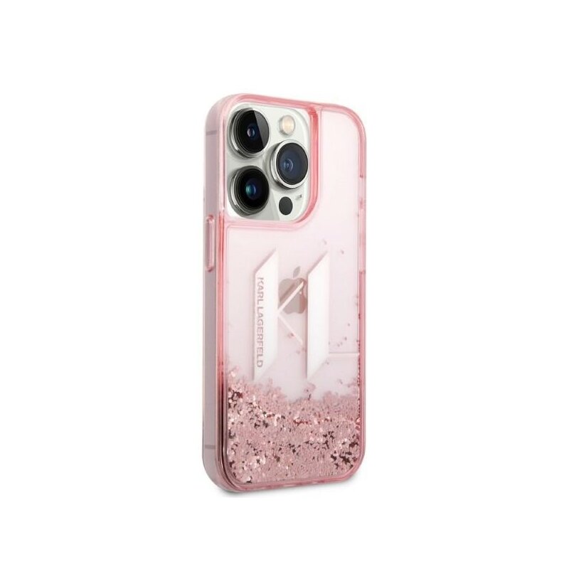 Husa Karl Lagerfeld iPhone 14 Pro Hardcase Glitter, Liquid Big KL, roz, KLHCP14LLBKLCP
