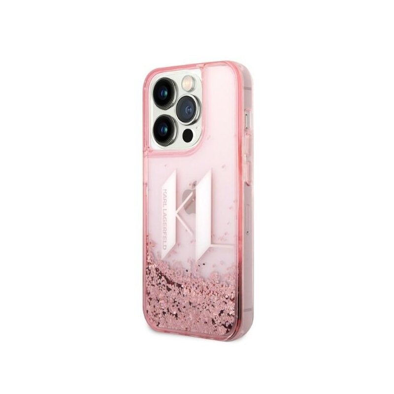 Husa Karl Lagerfeld iPhone 14 Pro Hardcase Glitter, Liquid Big KL, roz, KLHCP14LLBKLCP