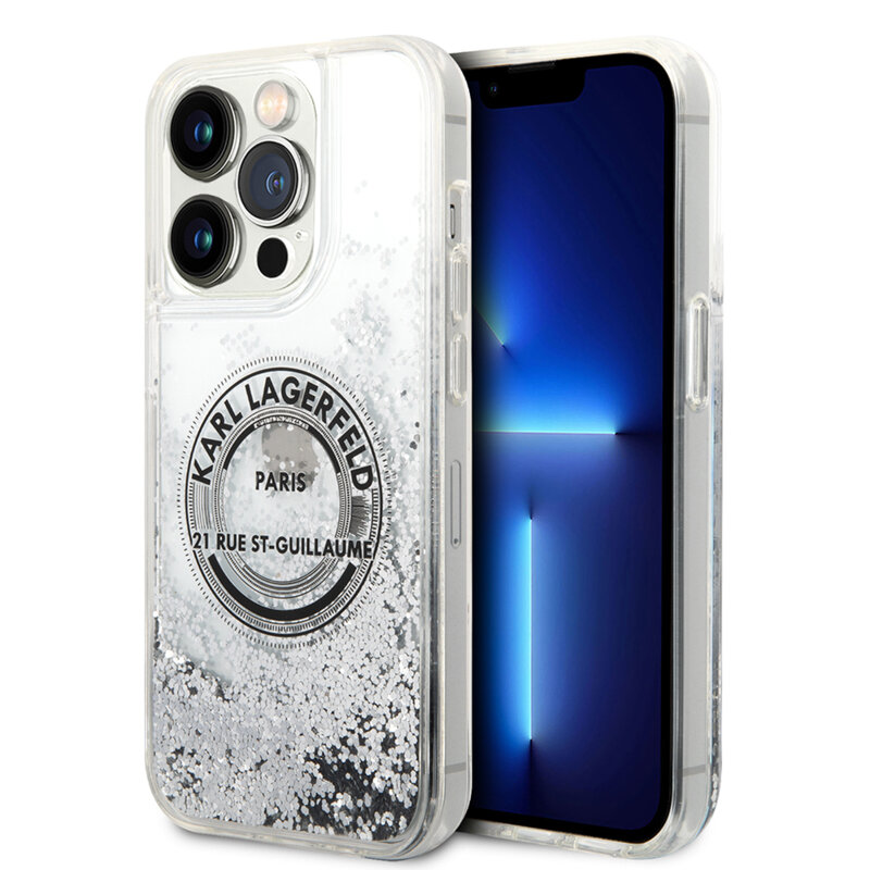 Husa Karl Lagerfeld iPhone 14 Pro Hardcase Liquid Glitter, RSG, argintiu, KLHCP14LLCRSGRS