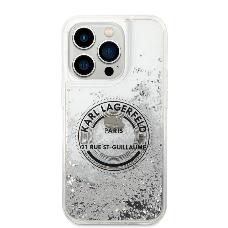 Husa Karl Lagerfeld iPhone 14 Pro Hardcase Liquid Glitter, RSG, argintiu, KLHCP14LLCRSGRS