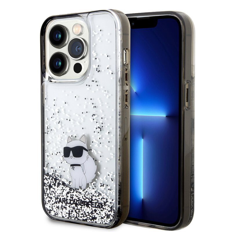 Husa Karl Lagerfeld iPhone 14 Pro Hardcase Liquid Glitter, Choupette, transparenta, KLHCP14LLKCNSK