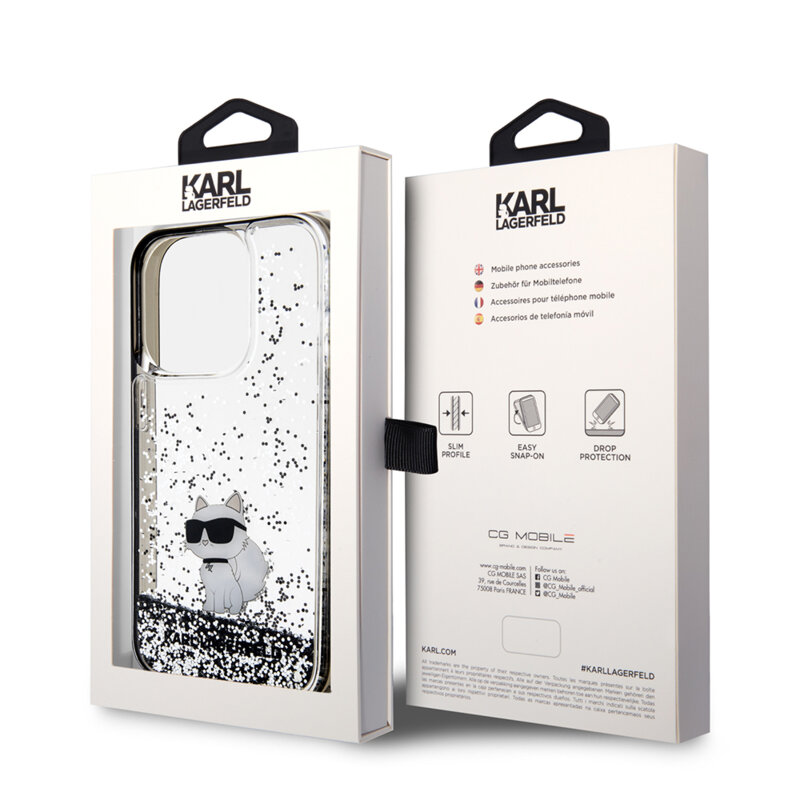 Husa Karl Lagerfeld iPhone 14 Pro Hardcase Liquid Glitter, Choupette, transparenta, KLHCP14LLKCNSK