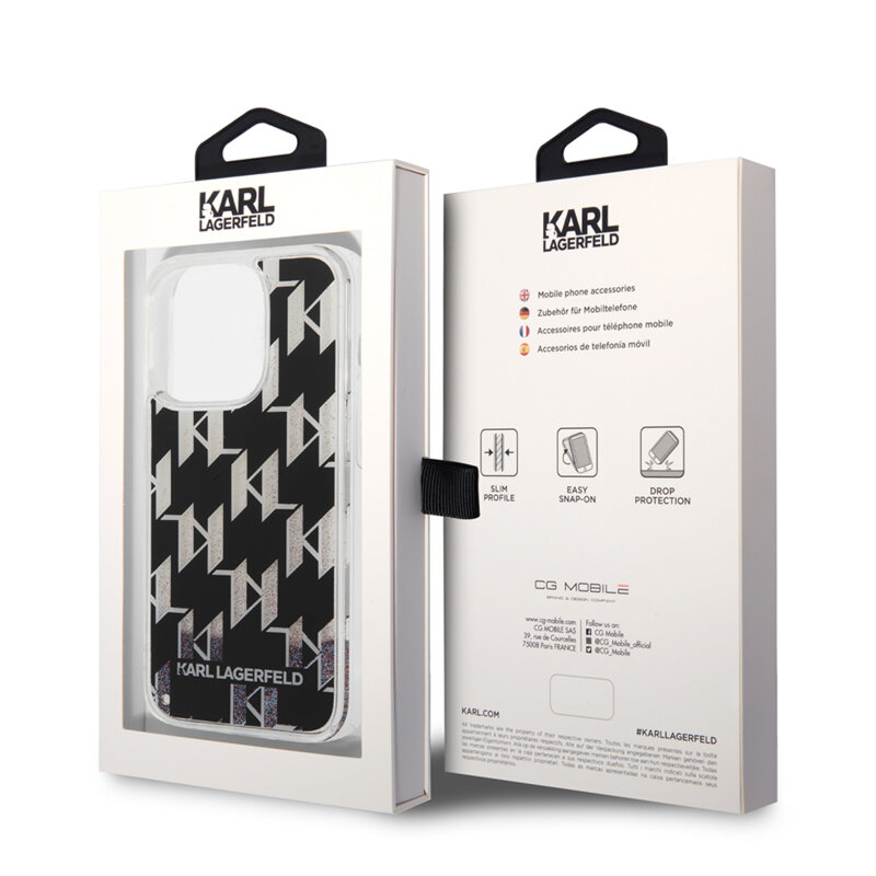 Husa Karl Lagerfeld iPhone 14 Pro Hardcase Liquid Glitter, Monogram, negru, KLHCP14LLMNMK