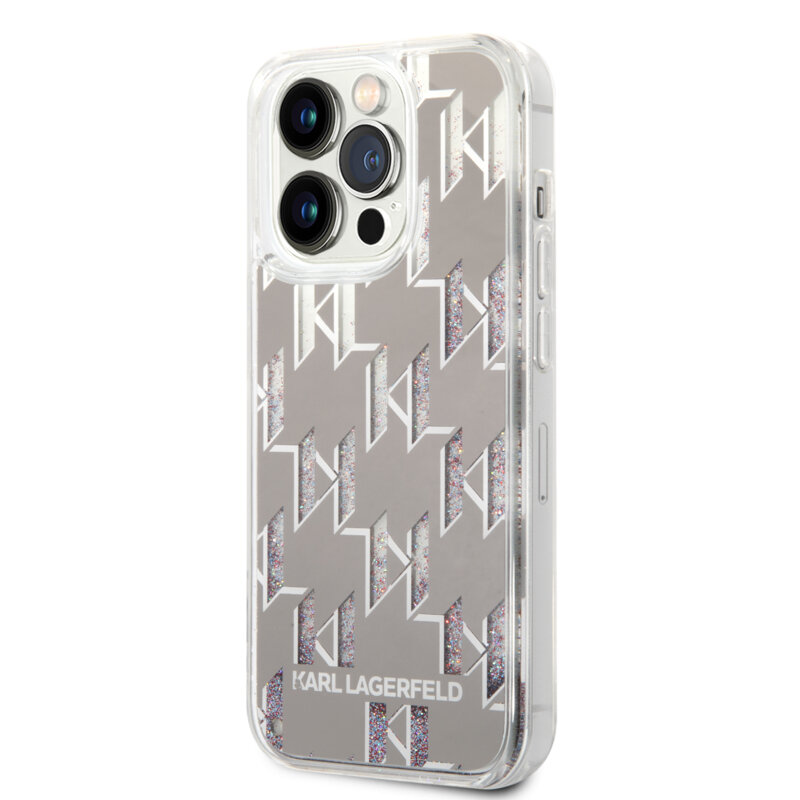 Husa Karl Lagerfeld iPhone 14 Pro Hardcase Liquid Glitter, Monogram, argintiu, KLHCP14LLMNMS