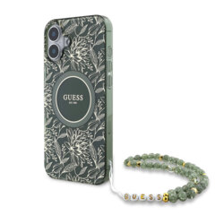 Husa iPhone 16 Plus originala Guess IML Flowers Allover Electro With Pearl Strap MagSafe, verde, GUHMP16MHCPOFPA