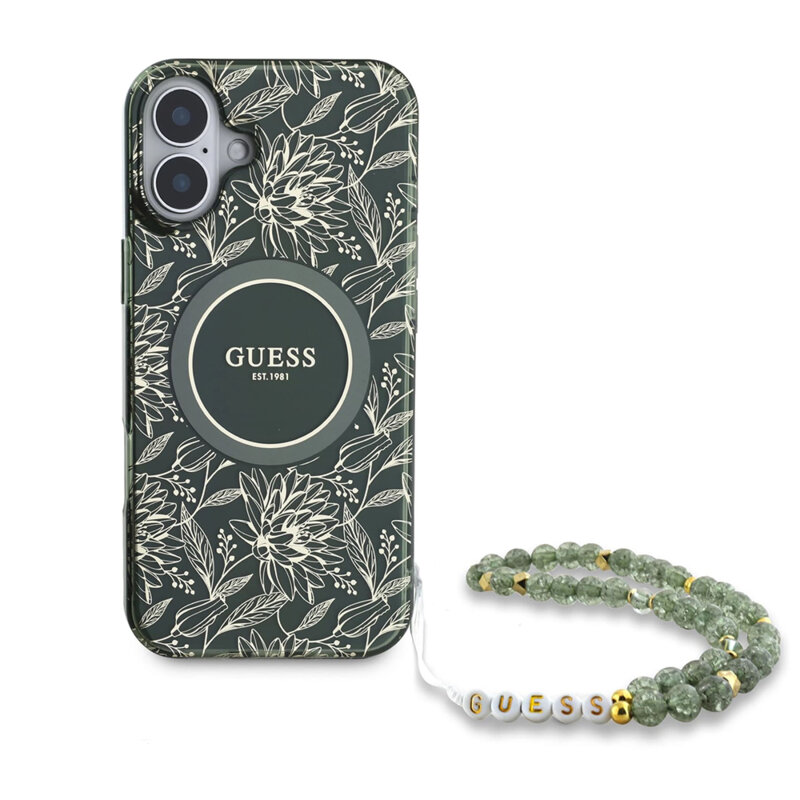 Husa iPhone 16 Plus originala Guess IML Flowers Allover Electro With Pearl Strap MagSafe, verde, GUHMP16MHCPOFPA