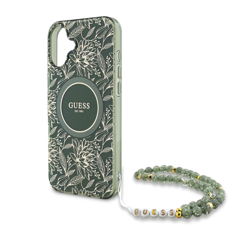 Husa iPhone 16 Plus originala Guess IML Flowers Allover Electro With Pearl Strap MagSafe, verde, GUHMP16MHCPOFPA