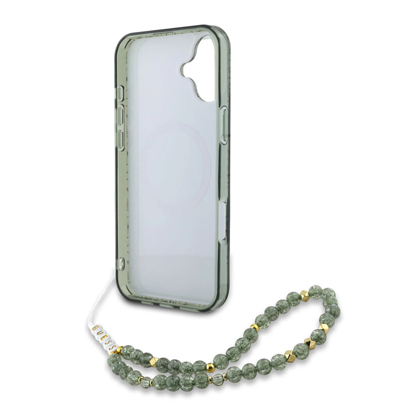 Husa iPhone 16 Plus originala Guess IML Flowers Allover Electro With Pearl Strap MagSafe, verde, GUHMP16MHCPOFPA