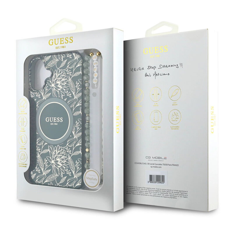 Husa iPhone 16 Plus originala Guess IML Flowers Allover Electro With Pearl Strap MagSafe, verde, GUHMP16MHCPOFPA