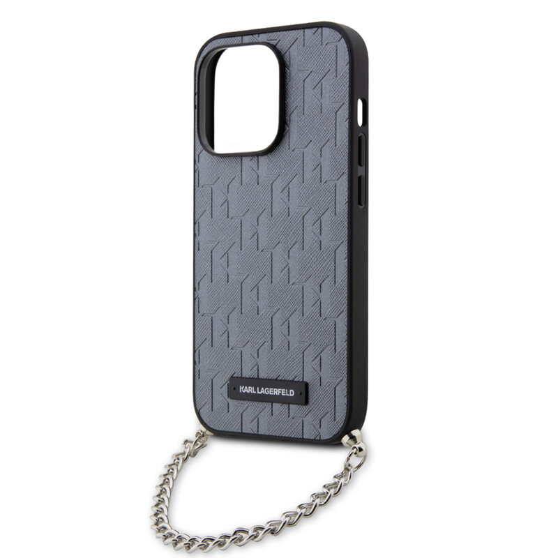 Husa originala iPhone 14 Pro Karl Lagerfeld Saffiano Monogram Chain, gri, KLHCP14LSACKLHPG