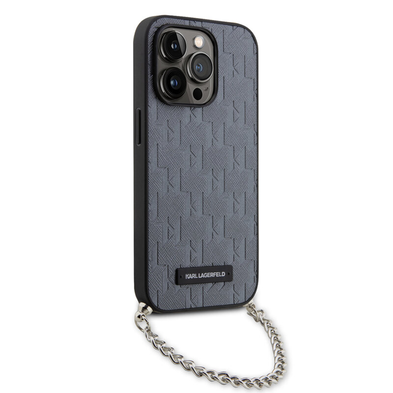 Husa originala iPhone 14 Pro Karl Lagerfeld Saffiano Monogram Chain, gri, KLHCP14LSACKLHPG