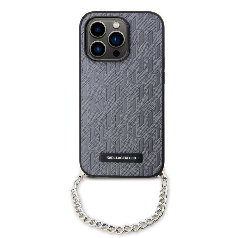 Husa originala iPhone 14 Pro Karl Lagerfeld Saffiano Monogram Chain, gri, KLHCP14LSACKLHPG