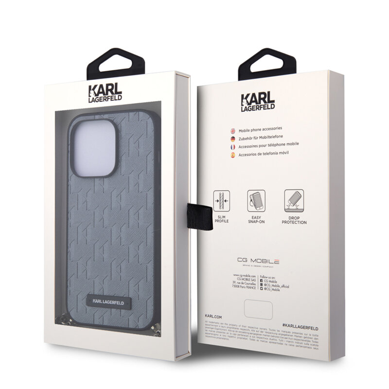 Husa originala iPhone 14 Pro Karl Lagerfeld Saffiano Monogram Chain, gri, KLHCP14LSACKLHPG