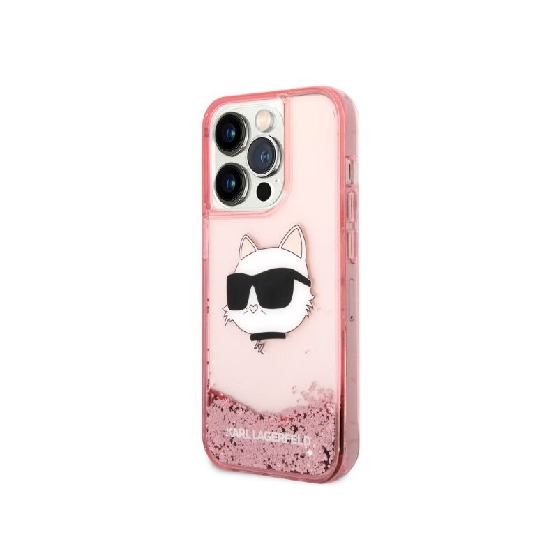 Husa Karl Lagerfeld iPhone 14 Pro Hardcase Glitter, Choupette Head, roz, KLHCP14LLNCHCP