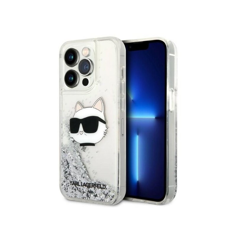Husa Karl Lagerfeld iPhone 14 Pro Hardcase Glitter, Choupette Head, argintiu, KLHCP14LLNCHCS