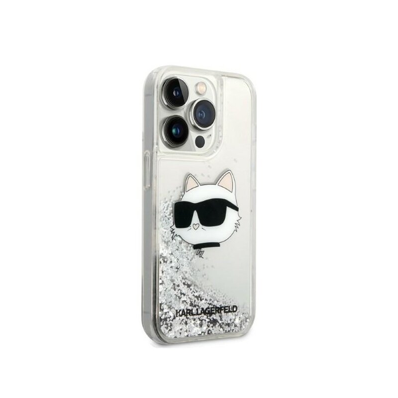 Husa Karl Lagerfeld iPhone 14 Pro Hardcase Glitter, Choupette Head, argintiu, KLHCP14LLNCHCS