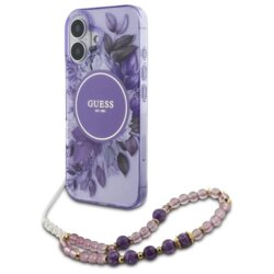 Husa iPhone 16 Plus originala Guess IML Flowers with Pearl Strap MagSafe, mov, GUHMP16MHFWBRCESU