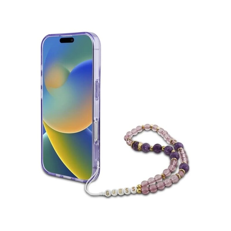 Husa iPhone 16 Plus originala Guess IML Flowers with Pearl Strap MagSafe, mov, GUHMP16MHFWBRCESU