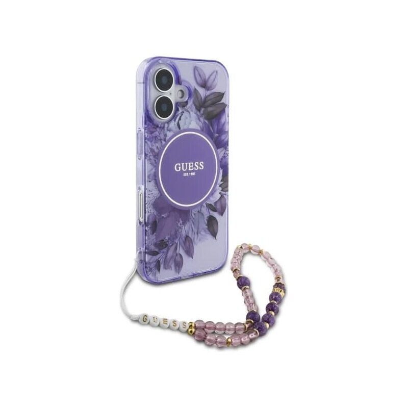 Husa iPhone 16 Plus originala Guess IML Flowers with Pearl Strap MagSafe, mov, GUHMP16MHFWBRCESU