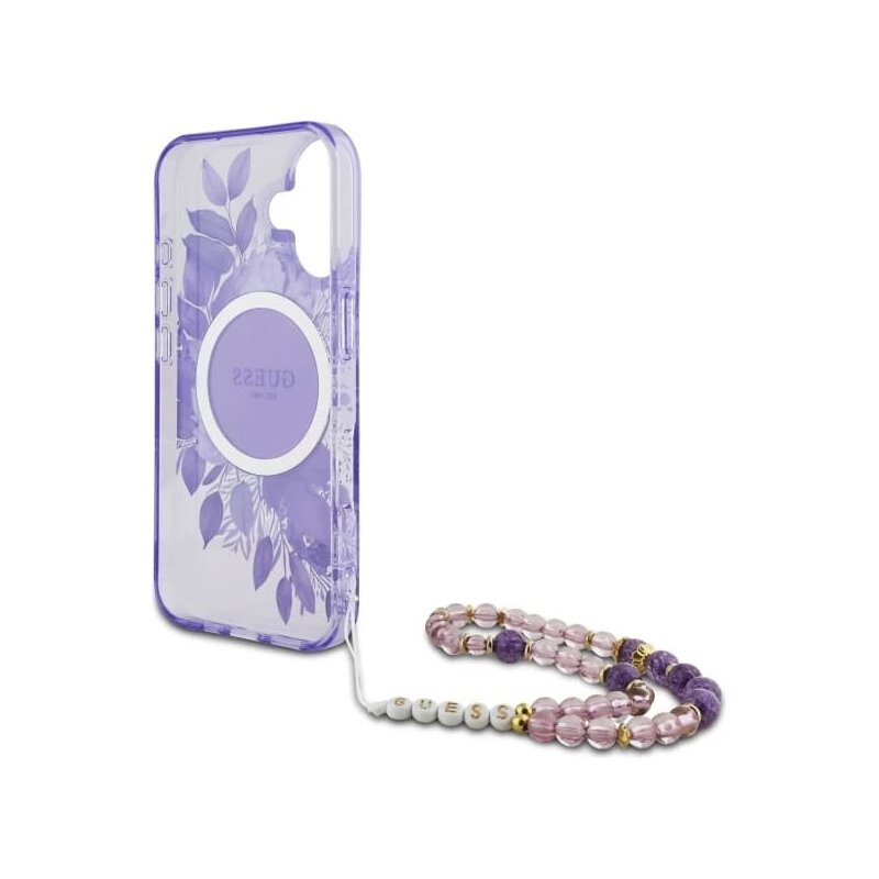 Husa iPhone 16 Plus originala Guess IML Flowers with Pearl Strap MagSafe, mov, GUHMP16MHFWBRCESU