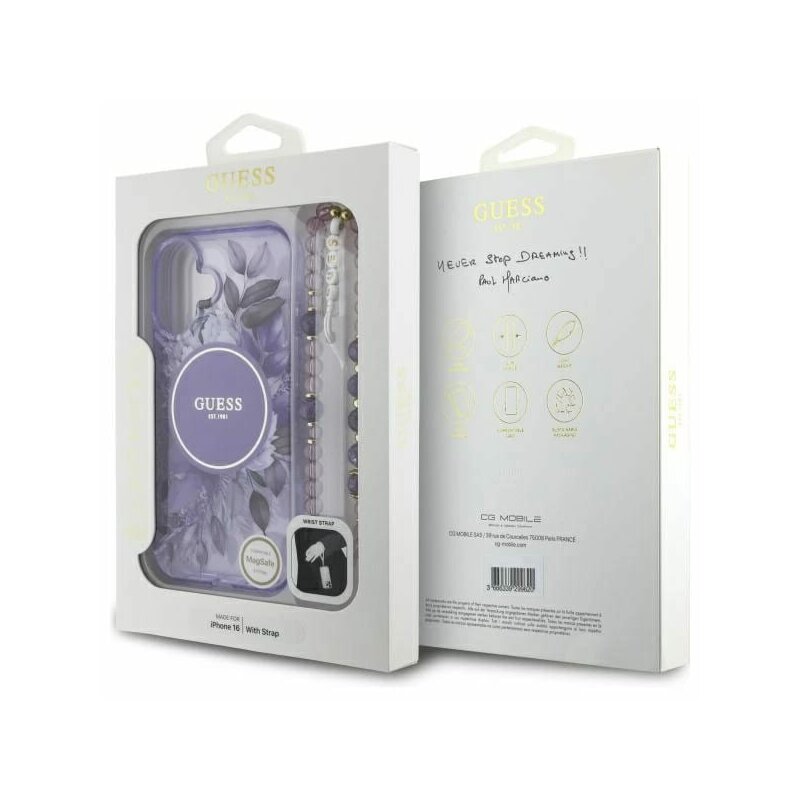 Husa iPhone 16 Plus originala Guess IML Flowers with Pearl Strap MagSafe, mov, GUHMP16MHFWBRCESU