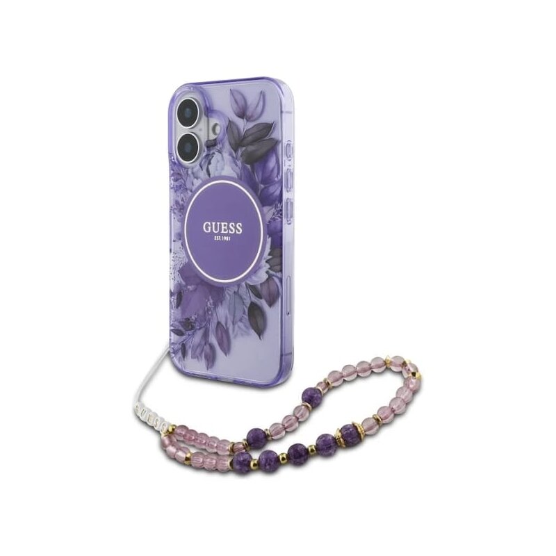 Husa iPhone 16 originala Guess IML Flowers with Pearl Strap MagSafe, mov, GUHMP16SHFWBRCESU