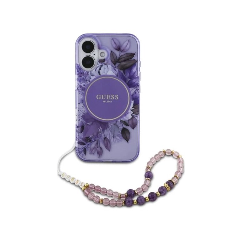 Husa iPhone 16 originala Guess IML Flowers with Pearl Strap MagSafe, mov, GUHMP16SHFWBRCESU