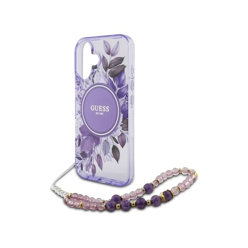 Husa iPhone 16 originala Guess IML Flowers with Pearl Strap MagSafe, mov, GUHMP16SHFWBRCESU
